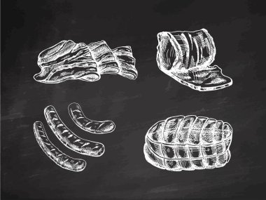A set of hand-drawn sketches of meat pieces, bacon, ham, pork, sausage. Fresh meat products on chalkboard background. For design of menu, butcher shop. Engraved illustration.	
