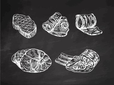 Et parçaları, biftek, jambon, domuz pastırması, pirzola. Tahta arka planda taze et ürünleri. Menü tasarımı için, kasap dükkanı. İşlenmiş illüstrasyon.