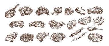 Farklı et, biftek, tavuk, kebap, pastırma, fileto, domuz eti, sığır eti, jambon ve barbekü çeşitlerinin el yapımı çizimleri. Beyaz arkaplanda klasik illüstrasyon. 