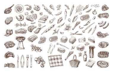 Barbekü, piknik malzemeleri ve etin el yapımı çizimleri. Restoranların menüsünün tasarımı için, ızgara yemek. Doodle vintage çizimi. Kabartmalı resim.