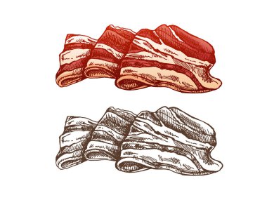 El yapımı ve tek renkli vektör çizimi. Hamon ya da domuz eti, jambon dilimi. İtalyan prosciutto klasik eskizi. Kasap dükkanı. Marka için harika, restoran menüsü. Kabartmalı resim. 