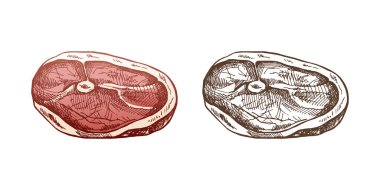 Elle çizilmiş et, domuz eti ya da biftek, pirzola, bir parça et, vektör çizimi. Klasik illüstrasyon. Menü için dekorasyon. Kabartmalı resim.