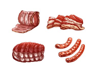 A set of hand-drawn colored sketches of meat pieces, bacon, ham, pork, sausage. Fresh meat products. For design of menu for restaurants, butcher shop. Vintage engraved illustration.	