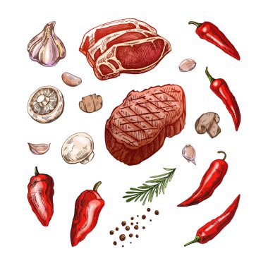 Barbekü elementlerinin el çizimi çizimleri. Restoran ve kafe menüsünün tasarımı için ızgara yemek. Baharatlı et ve sebze parçaları..