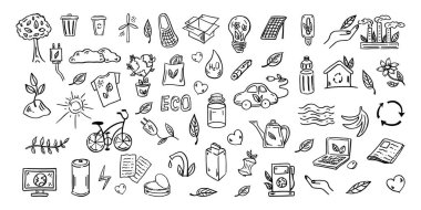 Set of ecology. Hand-drawn doodle vector illustration. Ecology problem, recycling and green energy icons. Environmental symbols.	