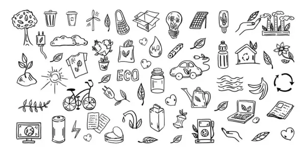 Set of ecology. Hand-drawn doodle vector illustration. Ecology problem, recycling and green energy icons. Environmental symbols.	