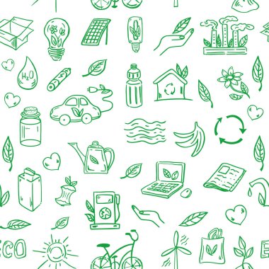Ecology seamless pattern. Hand-drawn doodle vector illustration. Ecology problem, recycling and green energy icons. Environmental symbols.	