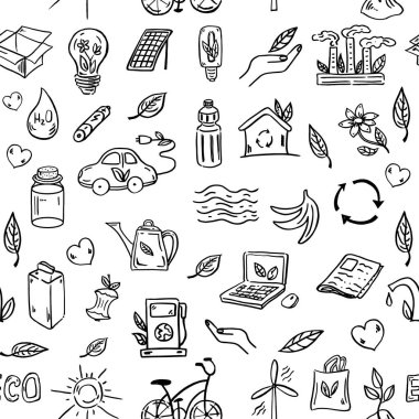 Ecology seamless pattern. Hand-drawn doodle vector illustration. Ecology problem, recycling and green energy icons. Environmental symbols.	
