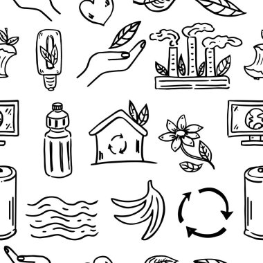 Ecology seamless pattern. Hand-drawn doodle vector illustration. Ecology problem, recycling and green energy icons. Environmental symbols.	
