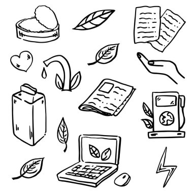 Ecology seamless pattern. Hand-drawn doodle vector illustration. Ecology problem, recycling and green energy icons. Environmental symbols.	