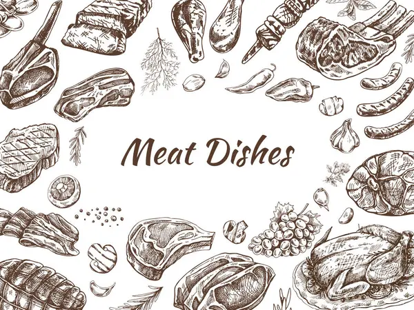 Et ve sebze menü şablonu oymalı vintage tarzında. Elle çizilmiş et parçaları, otlar ve baharatlar. Et lokantası için arka plan. 