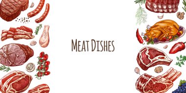 Meat and vegetables menu template in engraved vintage style. Hand-drawn colored sketches of barbecue meat pieces with herbs and seasonings. Background for meat restaurant.	