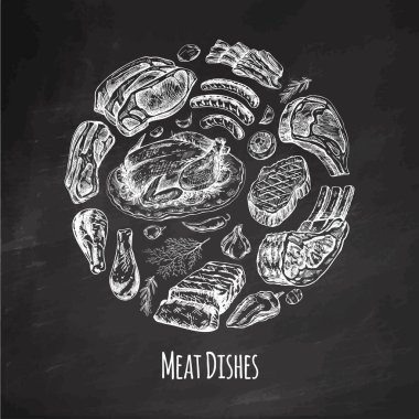 Çember içindeki elementler. Et ve sebze menü şablonu yazı tahtası arka planında oymalı vintage tarzında. Elle çizilmiş mangal eti, otlar ve baharatlar.. 