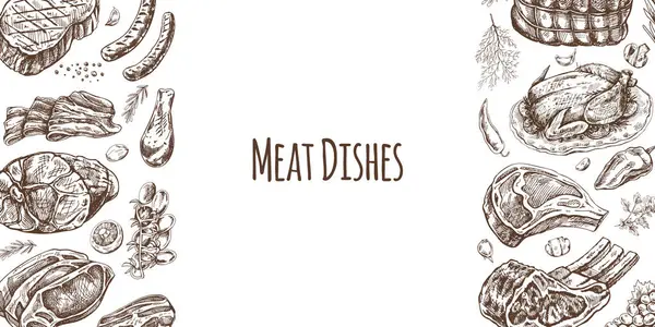 Meat and vegetables menu template in engraved vintage style. Hand-drawn sketches of barbecue meat pieces with herbs and seasonings. Background for meat restaurant.	