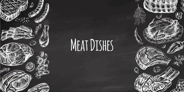 Et ve sebze menü şablonu oymalı vintage tarzında. Elle çizilmiş et parçaları, otlar ve baharatlar karatahta arka planda..