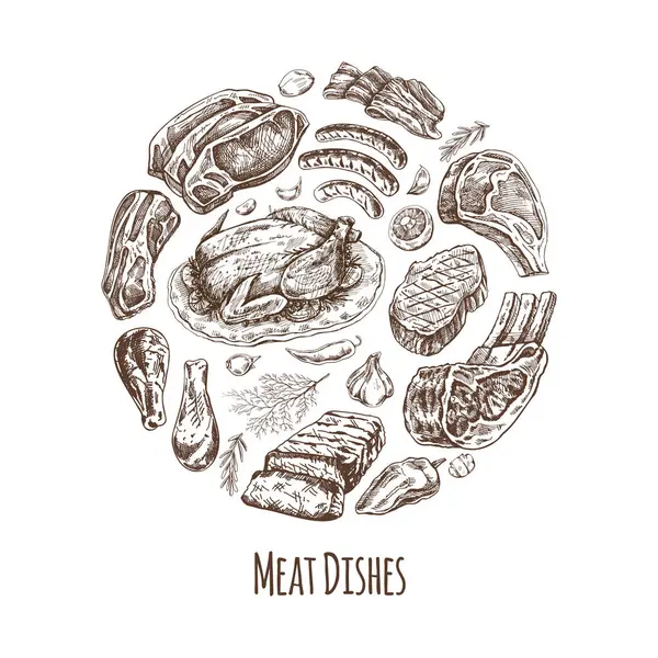 Çember içindeki elementler. Et ve sebze menü şablonu oymalı vintage tarzında. Elle çizilmiş mangal eti, otlar ve baharatlar.. 
