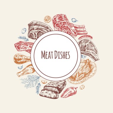 Elements in circle. Meat and vegetables menu template in engraved vintage style. Hand-drawn colored sketches of barbecue meat with herbs and seasonings.	