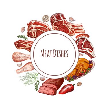 Elements in circle. Meat and vegetables menu template in engraved vintage style. Hand-drawn colored sketches of barbecue meat with herbs and seasonings.	