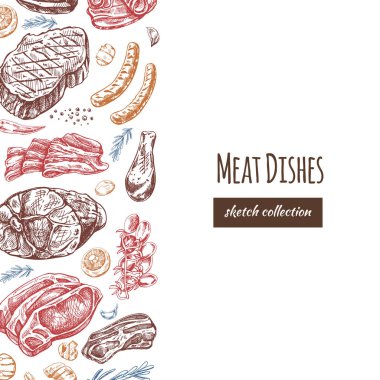 Meat and vegetables menu template in engraved vintage style. Hand-drawn colored sketches of barbecue meat pieces with herbs and seasonings. Background for meat restaurant..	