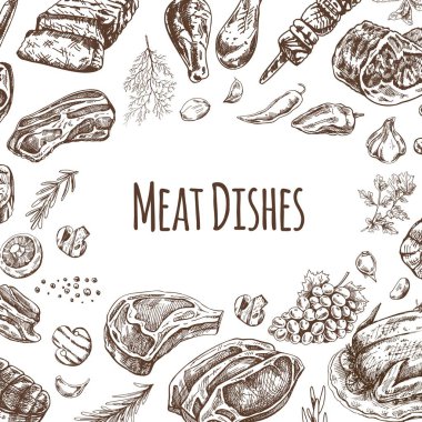 Meat and vegetables menu template in engraved vintage style. Hand-drawn sketches of barbecue meat pieces with herbs and seasonings. Background for meat restaurant..	