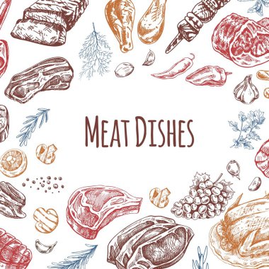 Meat and vegetables menu template in engraved vintage style. Hand-drawn colored sketches of barbecue meat pieces with herbs and seasonings. Background for meat restaurant..	