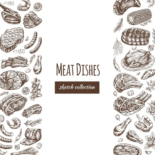Meat and vegetables menu template in engraved vintage style. Hand-drawn sketches of barbecue meat pieces with herbs and seasonings. Background for meat restaurant..	