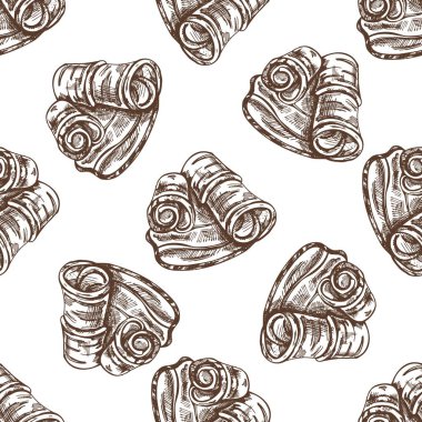 Elle çizilmiş, dikişsiz pastırma deseni oymalı vintage tarzında. El yapımı monokrom desenli balon ya da domuz eti, jambon dilimi. İtalyan prosciutto klasik eskizi.