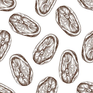 Hand-drawn seamless pattern of meat, pork or beef steak, chop meat, a piece of meat cuts, vector illustration. Vintage sketch illustration. Decorations for the menu of cafes. Engraved image.	