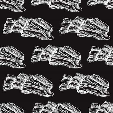 Elle çizilmiş dikişsiz pastırma kalıbı oymalı vintage tarzında. Elle çizilmiş vektör beyazı deseni ya da domuz eti, jambon dilimi. İtalyan prosciutto klasik eskizi karatahta arka planda.