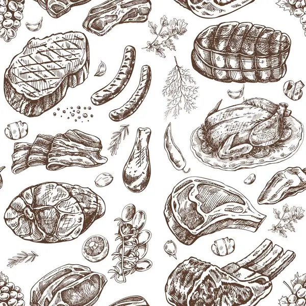 Et ve sebzeler işlemeli vintage tarzında kusursuz desenli. Elle çizilmiş tek renkli et parçaları, otlar ve baharatlarla. Et lokantası için çizimler.