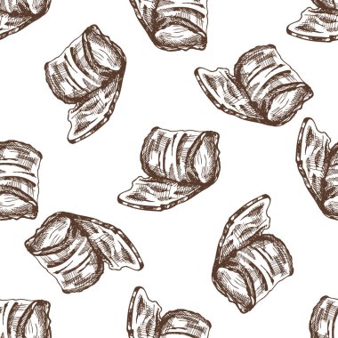 Hand-drawn vector seamless pattern of bacon in engraved vintage style. Hand-drawn monochrome pattern of hamon or pork meat, ham slice. Italian prosciutto vintage sketch.	