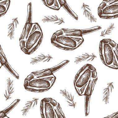 Biberiyeli bifteğin elle çizilmiş, pürüzsüz bir şekli var. Kemikte bir parça et var. Doodle klasik çizim çizimi. Kafelerin ve etiketlerin menüsü için dekorasyonlar. Kabartmalı resim.