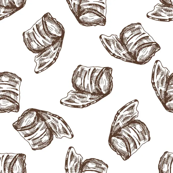 Hand-drawn vector seamless pattern of bacon in engraved vintage style. Hand-drawn monochrome pattern of hamon or pork meat, ham slice. Italian prosciutto vintage sketch.	