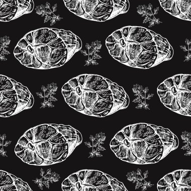 Elle çizilmiş, dikişsiz maydanozlu jambon deseni. İtalyan prosciutto klasik eskizi. Kasap dükkanı. Karatahta arka planına kazınmış resim.