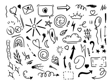 Basit çizim çizimi biçimi ögeleri. Beyaz arkaplanda şirin mürekkep kalem satırı elementlerini karala. Karalama oku, kalp, yıldız, dekorasyon sembolü, ikon seti. Vektör illüstrasyonu.