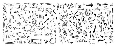 Basit çizim çizimi biçimi ögeleri. Beyaz arkaplanda şirin mürekkep kalem satırı elementlerini karala. Karalama oku, kalp, yıldız, dekorasyon sembolü, ikon seti. Vektör illüstrasyonu.