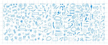 Basit çizim çizimi biçimi ögeleri. Damalı defter kağıdının arka planında karalanmış şirin mürekkep kalem satırı ögeleri. Karalama oku, kalp, yıldız, dekorasyon sembolü, mavi ikon seti. Vektör illüstrasyonu.