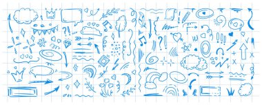 Basit çizim çizimi biçimi ögeleri. Damalı defter kağıdının arka planında karalanmış şirin mürekkep kalem satırı ögeleri. Karalama oku, kalp, yıldız, dekorasyon sembolü, mavi ikon seti. Vektör