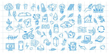 Set of ecology. Hand-drawn doodle vector illustration on background of checkered notebook sheet. Ecology problem, recycling and energy blue icons. Environmental symbols.	