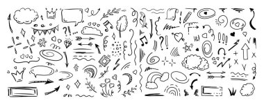 Simple sketch line style elements. Doodle cute ink pen line elements isolated on white background. Doodle arrow, heart, star, decoration symbol, icon set. Vector illustration.	