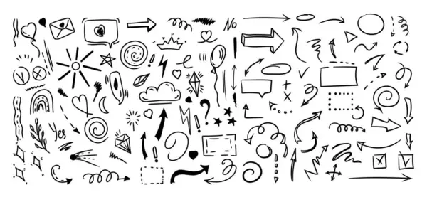 Simple sketch line style elements. Doodle cute ink pen line elements isolated on white background. Doodle arrow, heart, star, decoration symbol, icon set. Vector illustration.	