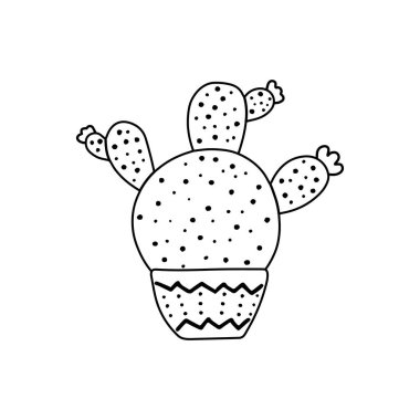 Beyaz arka planda elle çizilmiş vektör kaktüsü izole edilmiş. Dikenli bitkinin Doodle stili çizimi, çiçek açan kaktüs, seramik kapta sulu bitki. Ev bitkisi, Meksika kaktüsü çiçeği..