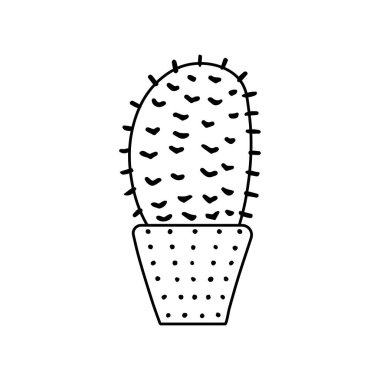 Beyaz arka planda elle çizilmiş vektör kaktüsü izole edilmiş. Dikenli bitkinin Doodle stili çizimi, çiçek açan kaktüs, seramik kapta sulu bitki. Ev bitkisi, Meksika kaktüsü çiçeği..