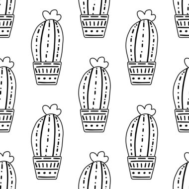 Hand-drawn vector seamless pattern of cactus. Outline doodle style illustration of spiny plant, blooming cactus, succulent plant in ceramic pot. Home plant, mexico cactus flower.	