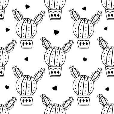 Hand-drawn vector seamless pattern of cactus. Outline doodle style illustration of spiny plant, blooming cactus, succulent plant in ceramic pot. Home plant, mexico cactus flower.	