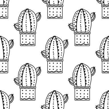 Hand-drawn vector seamless pattern of cactus. Outline doodle style illustration of spiny plant, blooming cactus, succulent plant in ceramic pot. Home plant, mexico cactus flower.	