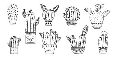 El çizimi vektör kaktüsü seti. Dikenli bitkilerin ana hatlarıyla çizilmiş grafik tasarımı, çiçek açan kaktüsler, renkli seramik kaplarda sulu bitkiler. Ev bitkileri, Meksika kaktüsü..