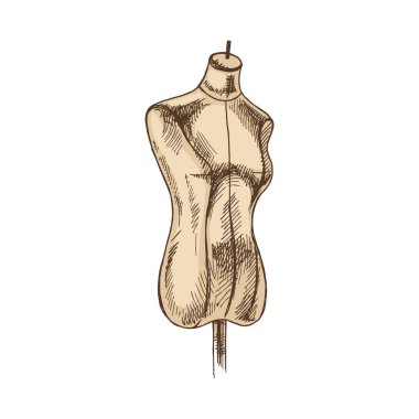 Terzi mankeninin el çizimi bir eskizi. El yapımı, dikiş malzemeleri konsepti klasik karalama tarzında. İşleme biçimi.