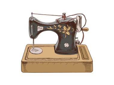 Klasik dikiş makinesinin elle çizilmiş eskizi. El yapımı, dikiş malzemeleri konsepti klasik karalama tarzında. İşleme biçimi.