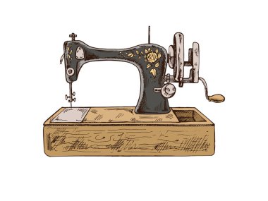 Klasik dikiş makinesinin elle çizilmiş eskizi. El yapımı, dikiş malzemeleri konsepti klasik karalama tarzında. İşleme biçimi.